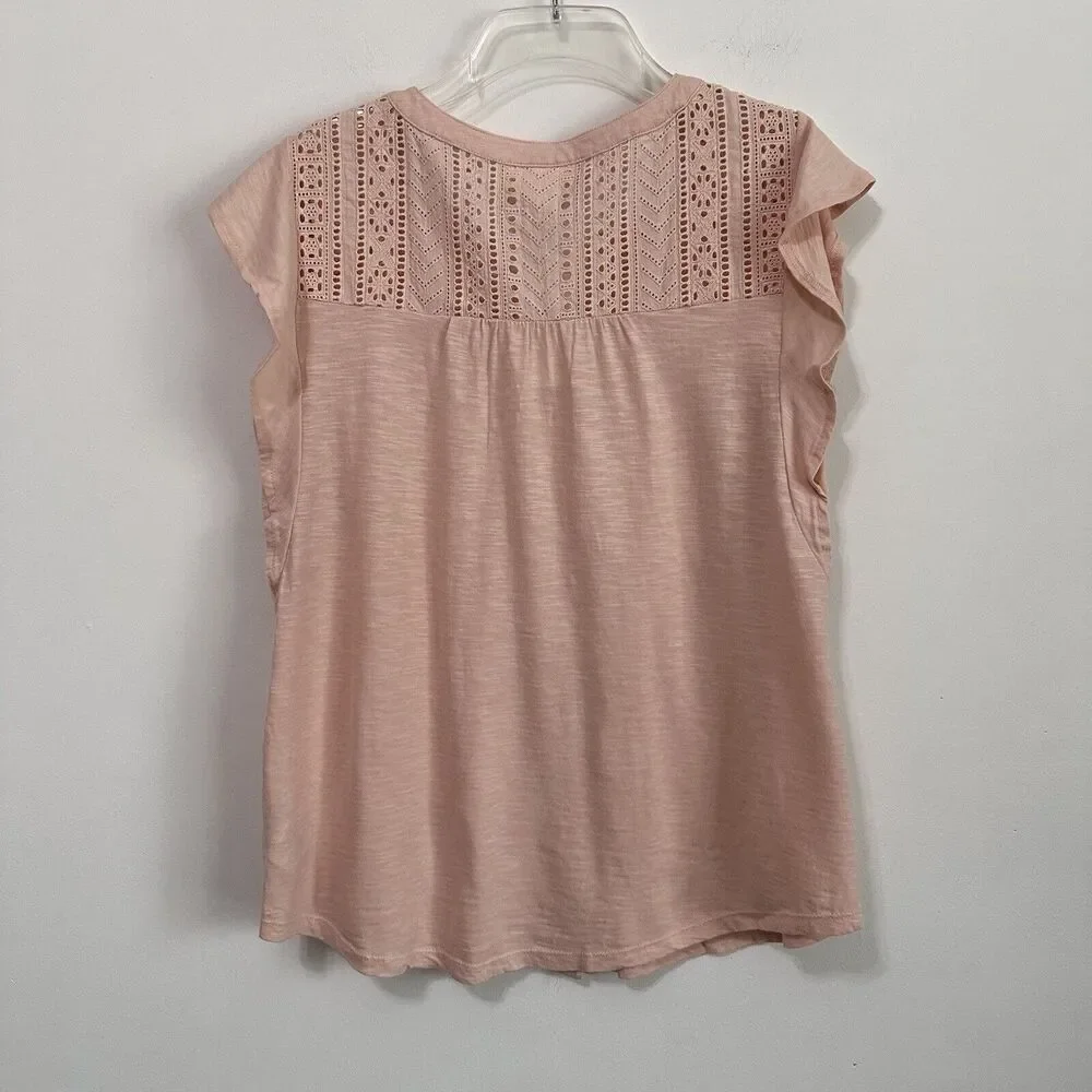 Style & Co Top XS Cap Flutter Sleeve Crushed‎ Petal Pink Popover Casual Lace NEW - Picture 11 of 11